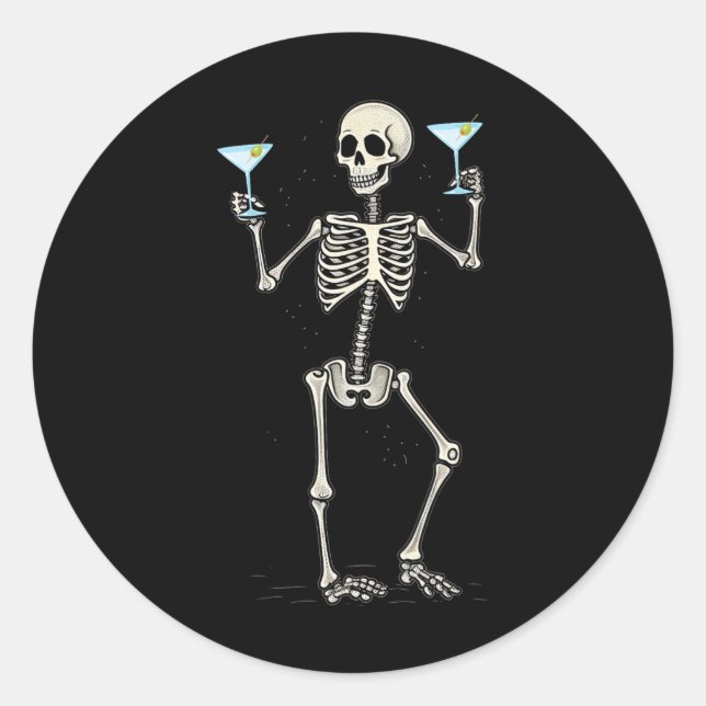 Funny Halloween Skeleton Drink Martini Schwanz Runder Aufkleber (Vorderseite)