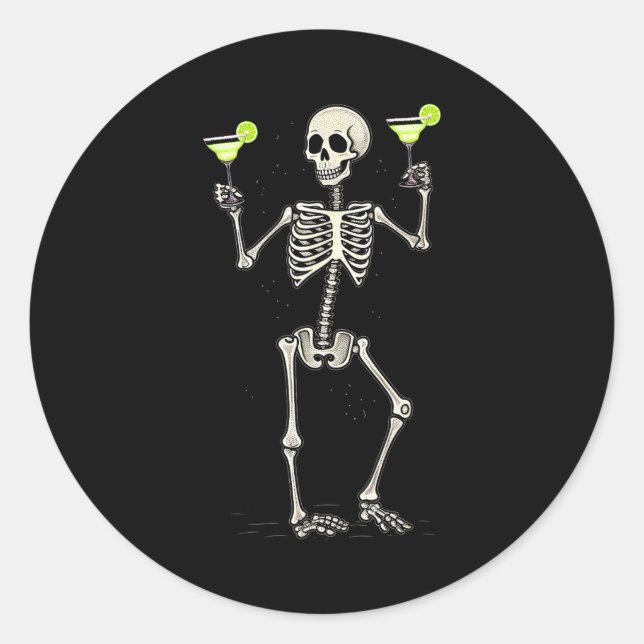 Funny Halloween Skeleton Drinking Margarita Tail  Runder Aufkleber (Vorderseite)