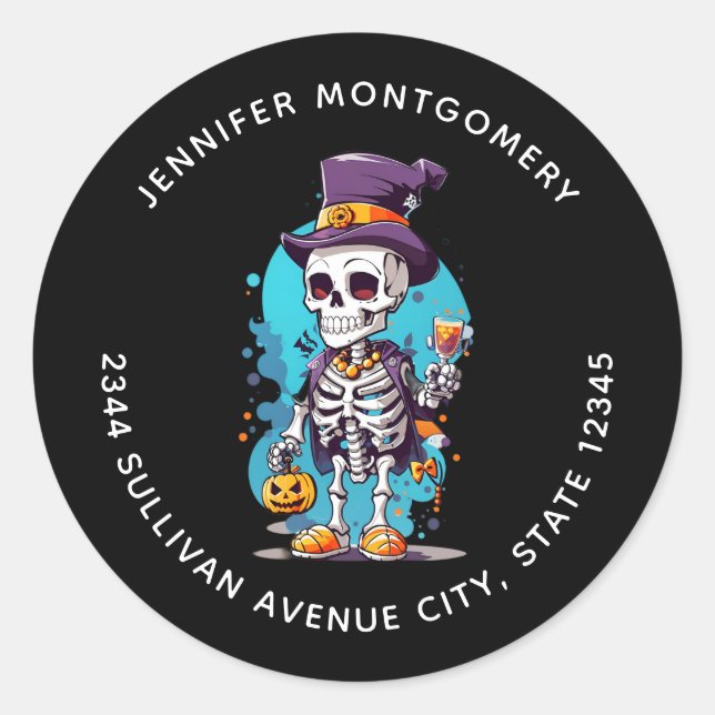 Funny Halloween Skeleton mit Top Hat-Adresse Runder Aufkleber (Vorderseite)
