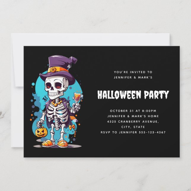 Funny Halloween Skeleton mit Top Hat Einladung (Vorderseite)