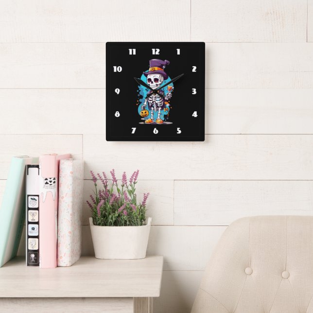 Funny Halloween Skeleton mit Top Hat Quadratische Wanduhr (Lesesaal)