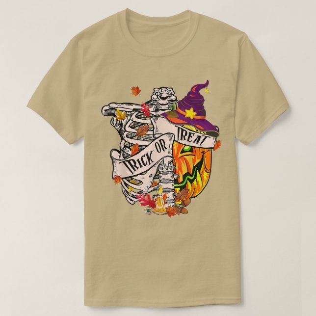 Funny Halloween Skeleton Trick oder Treat Happy Ha T-Shirt (Design vorne)