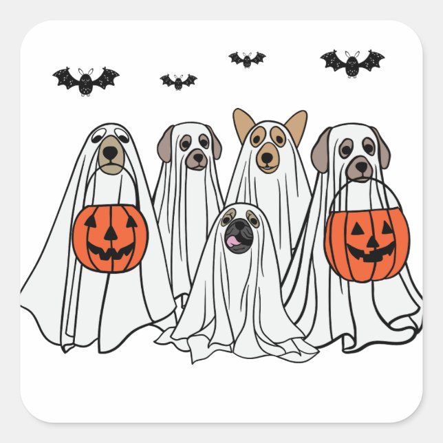 Funny Halloween Spooky Hunde - С ute Ghost Hunde Quadratischer Aufkleber (Vorderseite)