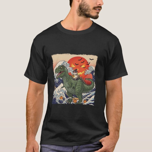 Funny Halloween Witch Cat Riding Dinosaur T rex Uk T-Shirt (Vorderseite)