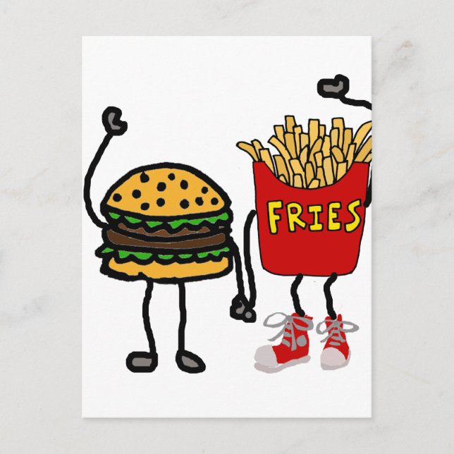 Funny Hamburger und French Fries Cartoon Kunst Postkarte (Vorderseite)