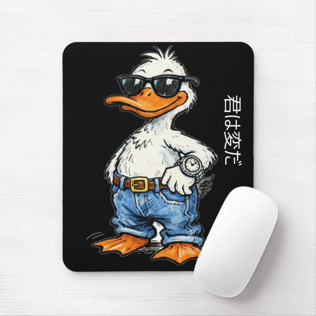 Funny hand drawn cartoon duck wearing jeans mousepad (Mit Mouse)
