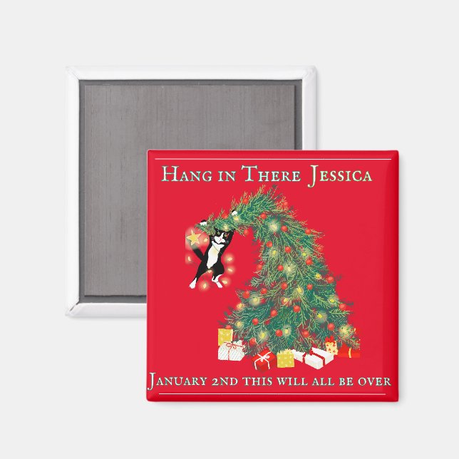Funny Hang In There Cat in Christmas Tree Magnet (Vorderseite/Rückseite)