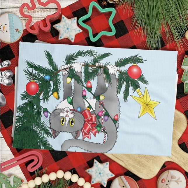Funny Hanging Christmas Tree Cat Handtuch (Von Creator hochgeladen)