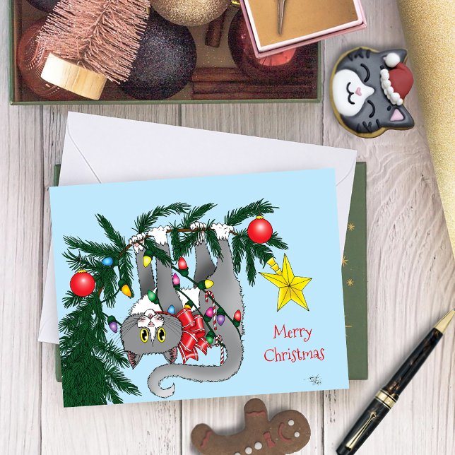 Funny Hanging Christmas Tree Cat Karte (Von Creator hochgeladen)