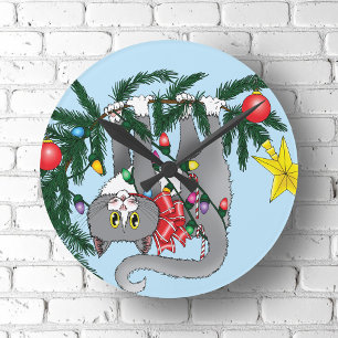 Funny Hanging Christmas Tree Cat Runde Wanduhr