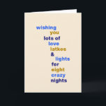 Funny Hanukkah Liebe Latkes Lights Blue Custom Feiertagskarte<br><div class="desc">Die Funny Hanukkah Liebe fasst Lichter in der Blue Holiday Card mit eigenem Brief oder eigener Nachricht innen</div>