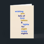 Funny Hanukkah Liebe Latkes Lights Blue Custom Feiertagskarte<br><div class="desc">Die Funny Hanukkah Liebe fasst Lichter in der Blue Holiday Card mit eigenem Brief oder eigener Nachricht innen</div>