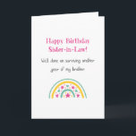 Funny Happy Birthday Sister-in-Law Geburtstag Karte<br><div class="desc">Die perfekte Karte, um Ihrer Schwiegerschwester zum Geburtstag glücklich zu sein und sich gleichzeitig über Ihren Bruder lustig zu machen! Ein modernes Design mit einem niedlichen, nordischen Regenbogen in Grün und Gelb mit rosa Sternen. Der rosa Text oben lautet "Glückliche Geburtstagsschwester!" mit schwarzem Text darunter, der besagt: "Gut gemacht, um...</div>