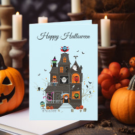 Funny Happy Halloween Spuk House People Karte