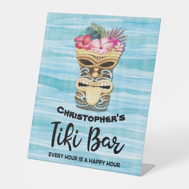 Funny Happy Hour Mit Monogramm Tiki Bar Sockelschild (Vorderseite)