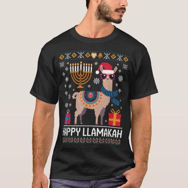 Funny Happy Llamakah Llama With Menorah  T-Shirt (Vorderseite)