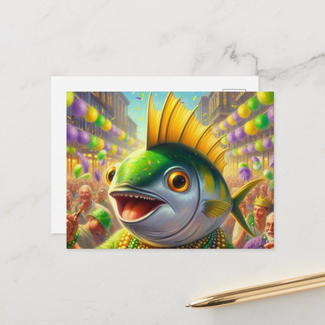 Funny Happy Mardi Gras Fish Postkarte (Vorderseite/Rückseite Beispiel)