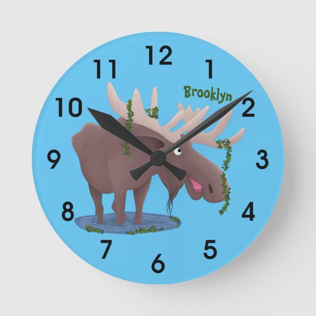 Funny happy moose cartoon illustration runde wanduhr (Vorderseite)