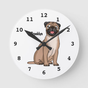 Funny happy pug dog cartoon illustration runde wanduhr