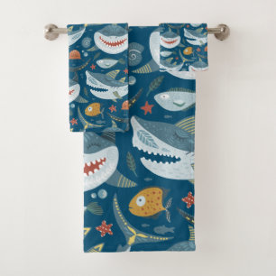 Funny Happy Shark Blue Ocean Tiermuster Badhandtuch Set