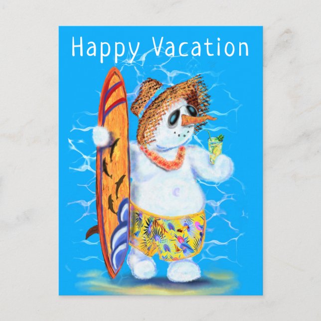 Funny Happy Vacacation Card Sommer Snowman Surfer Postkarte (Vorderseite)