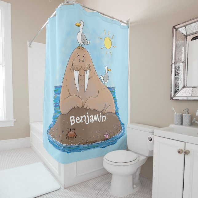 Funny happy walrus Cartoon Illustration Duschvorhang (Beispiel)