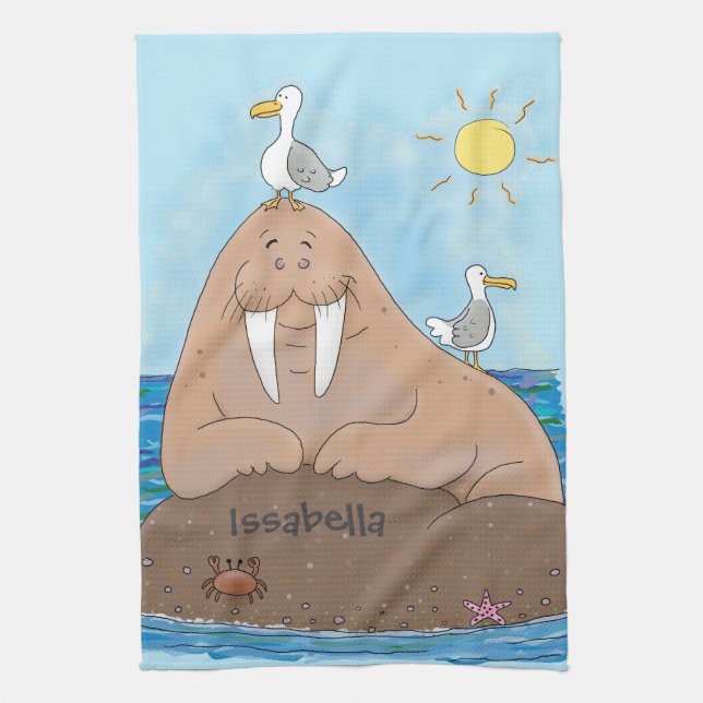 Funny happy walrus Cartoon Illustration Geschirrtuch (Vertikal)