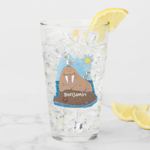 Funny happy walrus Cartoon Illustration Glas
