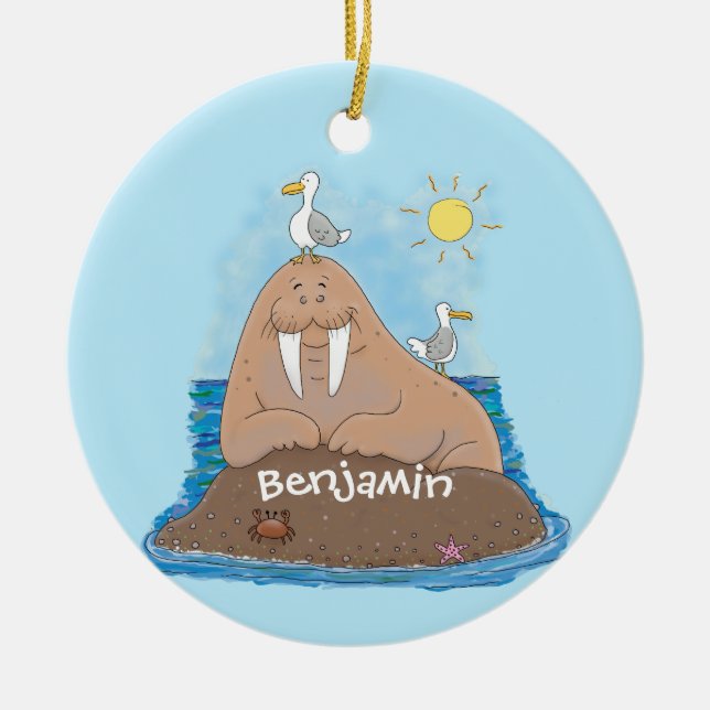 Funny happy walrus Cartoon Illustration Keramik Ornament (Vorne)