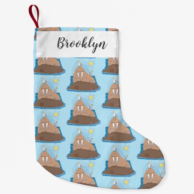 Funny happy walrus Cartoon Illustration Kleiner Weihnachtsstrumpf (Vorderseite)