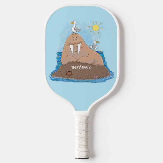 Funny happy walrus Cartoon Illustration Pickleball Schläger (Vorderseite)