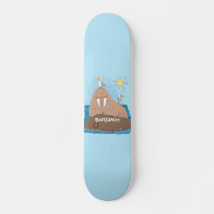 Funny happy walrus Cartoon Illustration Skateboard
