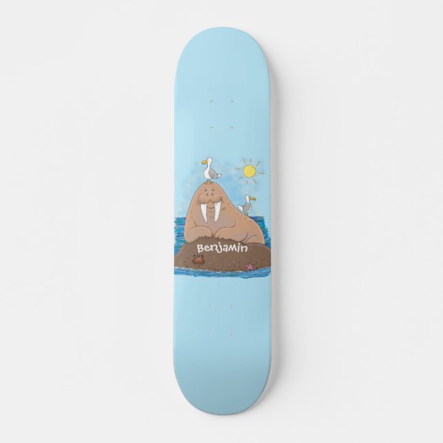Funny happy walrus Cartoon Illustration Skateboard (Vorne)