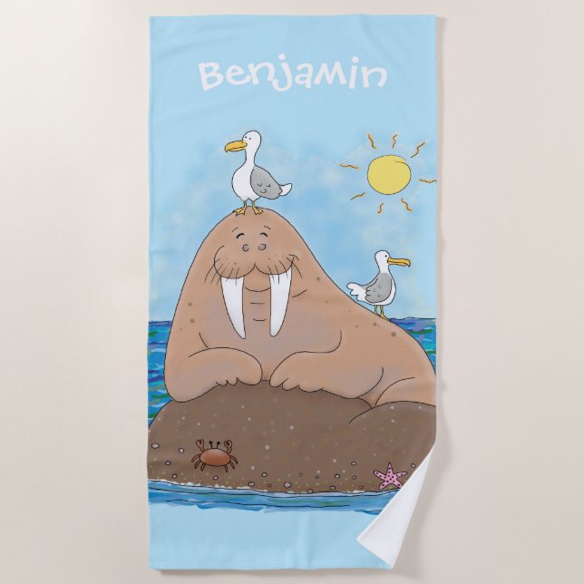 Funny happy walrus Cartoon Illustration Strandtuch (Vorderseite)