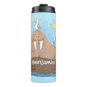 Funny happy walrus Cartoon Illustration Thermosbecher