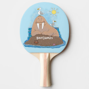 Funny happy walrus Cartoon Illustration Tischtennis Schläger