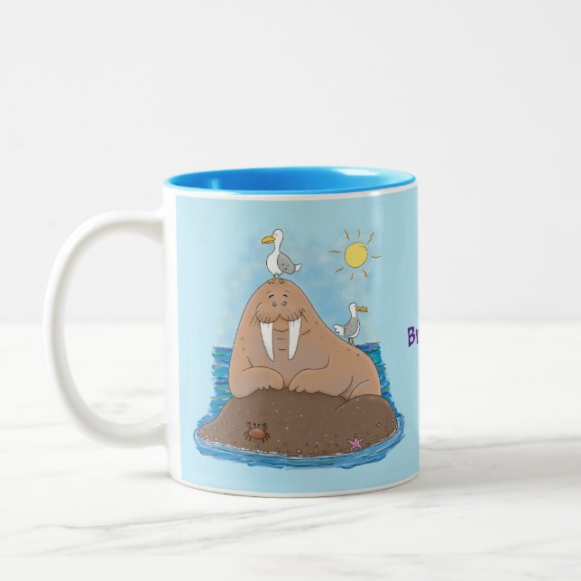 Funny happy walrus Cartoon Illustration Zweifarbige Tasse (Links)