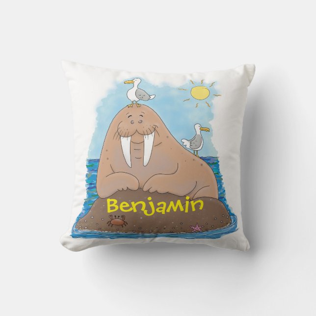 Funny happy walrus Cartoon Illustrator Cartoon Kissen (Vorderseite)