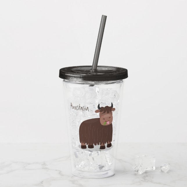 Funny happy yak aß gras Cartoon Illustration Acryltrinkbecher (Rückseite Ice)