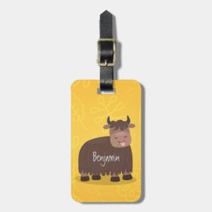 Funny happy yak aß gras Cartoon Illustration Gepäckanhänger