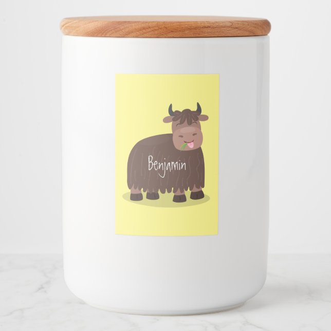 Funny happy yak aß gras Cartoon Illustration Lebensmitteletikett (Vorderseite)