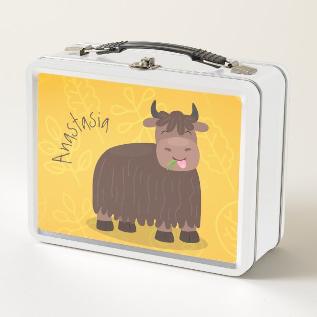 Funny happy yak aß gras Cartoon Illustration Metall Brotdose (Vorderseite)