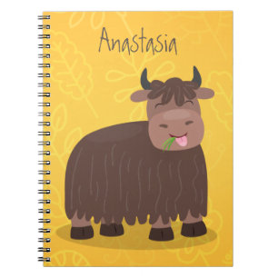Funny happy yak aß gras Cartoon Illustration Notizblock