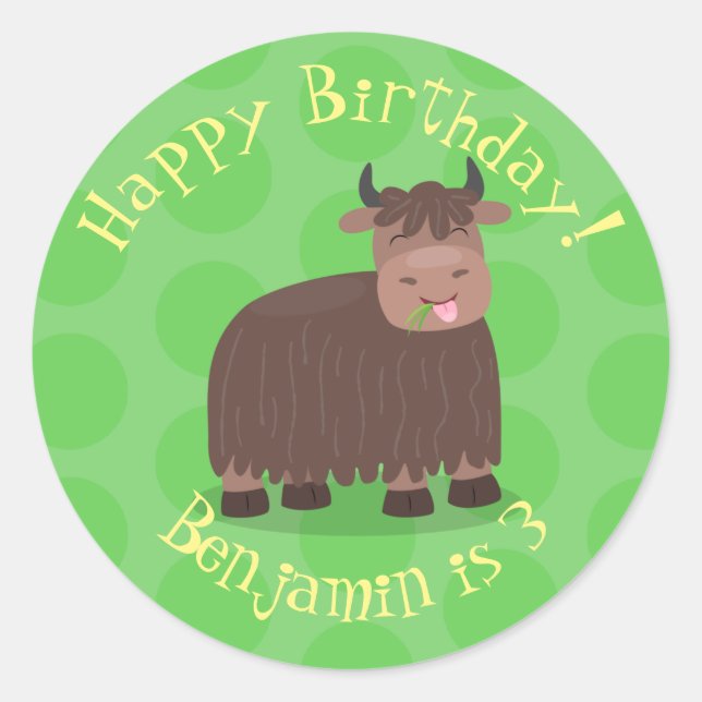 Funny happy yak aß gras Cartoon Illustration Runder Aufkleber (Vorderseite)