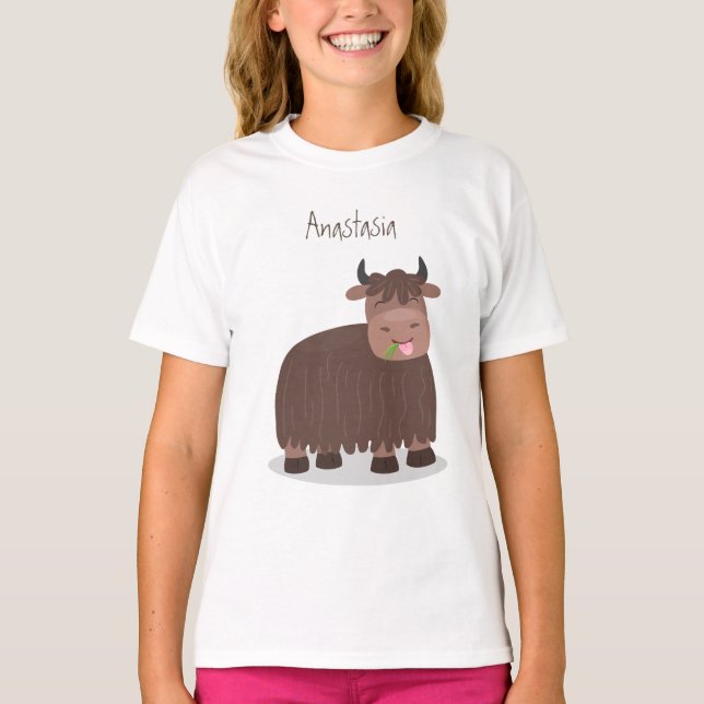 Funny happy yak aß gras Cartoon Illustration T-Shirt (Vorderseite)