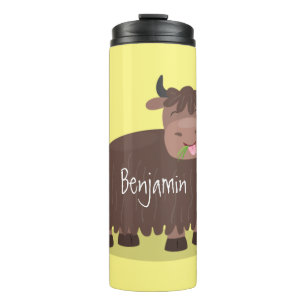 Funny happy yak aß gras Cartoon Illustration Thermosbecher
