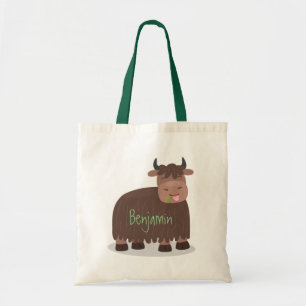 Funny happy yak aß gras Cartoon Illustration Tragetasche
