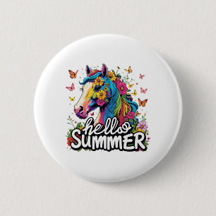 Funny Hello Summer Horse Button