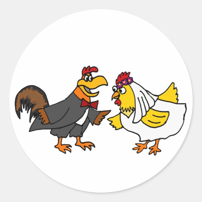 Funny Hen Bride und Rooster Groom Wedding Runder Aufkleber (Vorderseite)