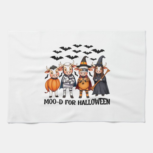 Funny Highland Cow Moo-d zu Halloween Geschirrtuch (Horizontal)